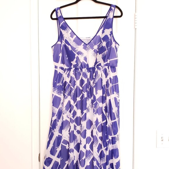 Lane Bryant Blue Geometric Pattern Sheer Sleeveless Formal Mid Dress Size 14 - Picture 1 of 15
